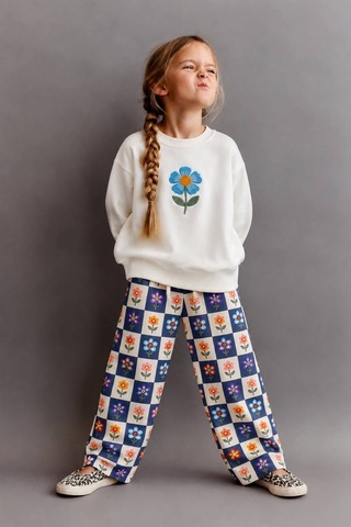 Cg Kids Çiçek Nakışlı Sweatshirt Ve Desenli Eşofman Kız Çocuk Alt Üst Takım Beyaz