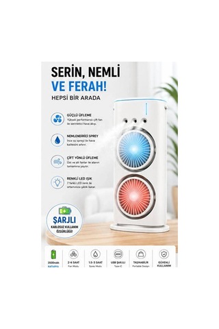 Çift Başlıklı Sprey Fan Nemlendirici Ve Renkli Led Işıklı Beyaz Evimdeyokyok