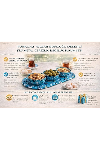 Turkuaz Nazar Boncuğu Desenli 3 Lü Metal Çerezlik Ve Sosluk Sunum Seti, Dayanıklı Baskılı Servis Tepsili Kahvaltılık, Atıştırmalık Ve Lokumluk Kase Takımı, Modern Dekoratif Sofra Sunum Ürünü Filtre Seçeneği - Hava+Yağ+Standart Polen+Mazot