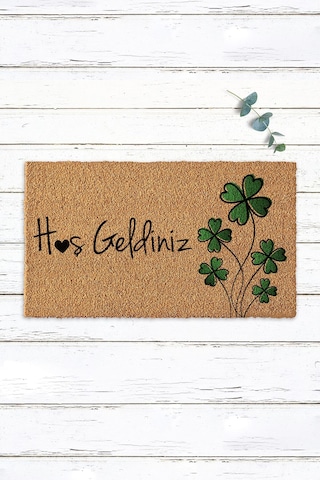 Hoşgeldiniz Yazılı Yeşil Yonca Tasarımlı Kapı Paspası
