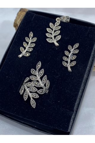 Yaprak Tasarımlı Gümüş Kadın Set Gümüş