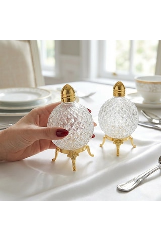 2 Li İnci Kristal Model Gold Renk Metal Ayaklı Cam Tuzluk Takımı Gold