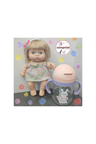 Türkçe Konuşan Şarkı Söyleyen 23cm Et Bebek 250ml Figürlü Pipetli Bebek Matara Biberon 2'li Set Pembe