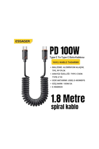 Essager Pd 100w Type-c To Type-c 1.8m Yaylı Spiral Data Ve Hızlı Şarj Kablosu, Kopmaz, Karışmaz Kablo