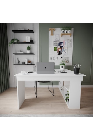 Robinhome Robin Home Martin Kitaplık Raflı Çalışma Masası L Ofis Masası Bey Beyaz