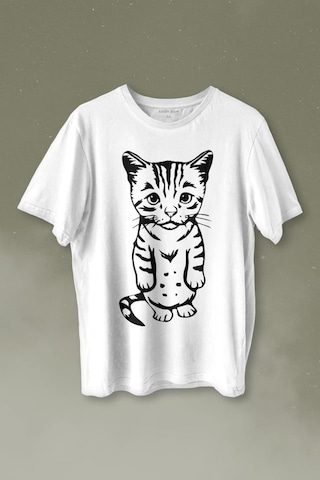 Sevimli Minik Patili Bıyıklı Cat Minnoş Mahçup Üzgün Kedi Baskılı Tişört Unisex T-shirt 001