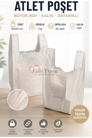 Kalbi Ticaret Kırık Beyaz Poşet Kalın Atlet Poşet Büyük Boy 1 KG