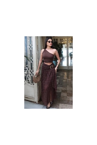 Kechi Woman Gold Aksesuarlı Dantel Uzun Etek Kahve