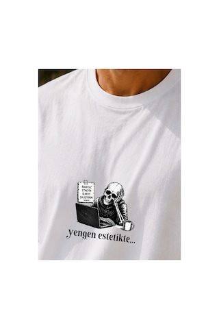 Qmen Style Unisex Beyaz Oversize Baskılı T-shirt Espirili Yengen Estetikte Baskılı %100 Pamuk
