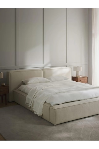 Nova Karyola Baza Başlık Set 180x200 Cm. Kırık Beyaz Keten Kumaş Montaj Dahil