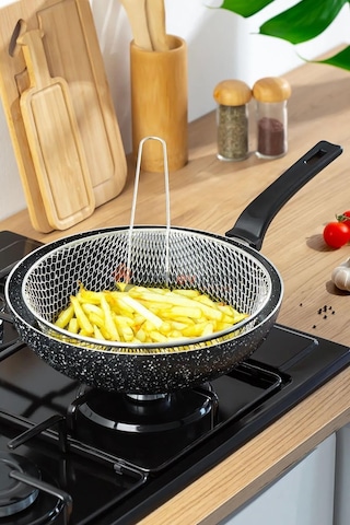 Nishev Emaye Lüks Yanmaz Yapışmaz Granit Kızartma Fritoz Wok Tava 26 Cm Siyah