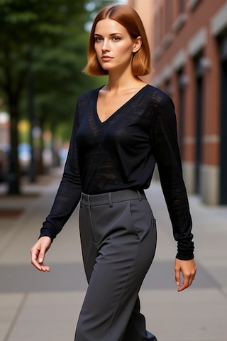 Ersefa Kadın Cool & Comfort Tarzı V Yaka Uzun Kollu Polyester Örme Bluz siyah