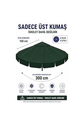 Koyu Yeşil Polyester Kumaş 300 Cm / 8 Telli Makaralı Şemsiye İle Uyumlu