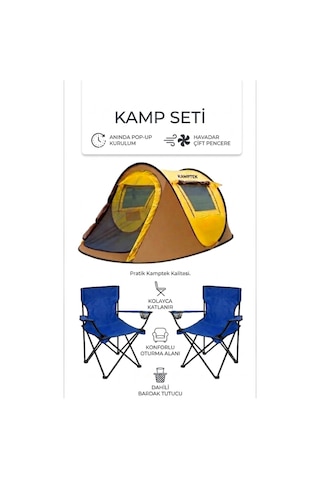 Kamptek 3 Parça Kamp Seti - Otomatik Pop-up Kamp Çadırı & 2 Adet Katlanır Kamp Sandalyesi Taşıma Çantalı Set Kamp Seti 220 120 90 Mavi