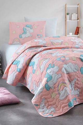 Enlora Home Kapitone Yatak Örtüsü Seti Tek Kişilik Unicornio Pembe