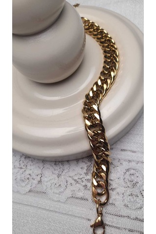 Çelik Bileklik Gold Altın Renk Kalın Zincir Detaylı Çelik Bileklik Gold