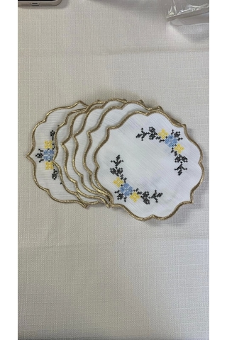 Nivemeshome Kanaviçe Nakışlı Sarı-mavi Oval 6 Adet Keten Kokteyl Peçetesi Kahve Yanı Sunumluk Çok Renkli