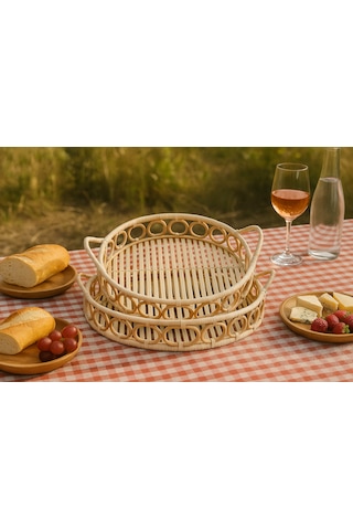 El Yapımı 2 Li Doğal Rattan Sunum Ve Servis Tepsi Seti Bohem Tarz Dekoratif Tepsi 35 Cm & 30 Cm Rattan