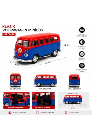 Klasik Volkswagen Minibüs Model Araba 1:32 Ölçek Die-cast Metal Açılabilir Kapılar 10 Cm Kırmızı - Mavi