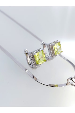 925 Ayar Gümüş Zebercet Peridot Doğal Taşlı Baget Tasarım Kadın Mücevher Set Kolye Küpe S.258
