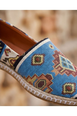 Futsishoes Vıola Mavi Hakiki Deri Kilim Desenli Kadın Etnik Desen Espadril Ayakkabı