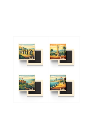 İzmir - 4'lü Memleket Seti - Baskılı Buzdolap Magneti Kare - 9x9 Cm - 4 Adet