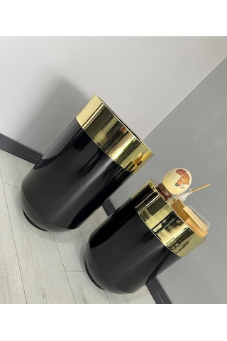Dekoratif Gold Darbuka Parlak Siyah Saksı 70cm + Sehpa 60cm İkili Set