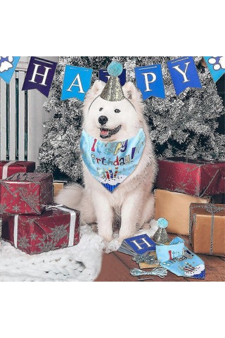 Köpek Doğum Günü Partisi Malzemeleri, Evcil Hayvan Doğum Günü Şapkası Ve Çocuk Köpek Doğum Günü Bandana Seti Mavi Çok Renkli