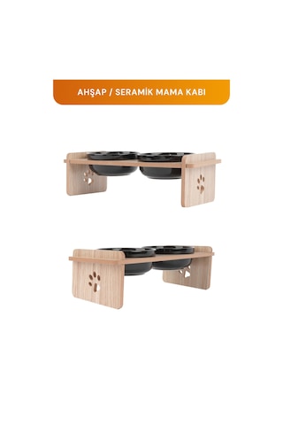 Ahşap Standlı Seramik Kaseli Kedi-köpek Mama Ve Su Kabı