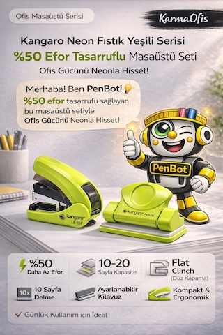 Neon Fıstık Yeşili Zımba + Delgeç Seti %50 Daha Az Efor, Flat Clinch Masaüstü Ofis Seti Yeşil