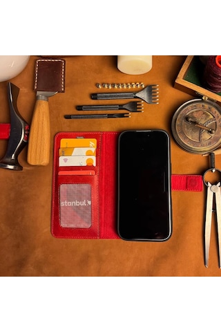 Bideri Patara Apple Uyumlu iPhone 17 Hakiki Deri Cüzdan Kılıf Kırmızı