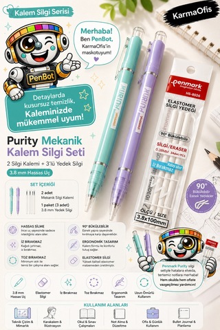 Pastel Mor Ve Yeşil Purity Mekanik Kalem Silgi Seti 3.8 Mm 2 Adet Silgi Kalemi + 3 Lü Silgi Yedeği