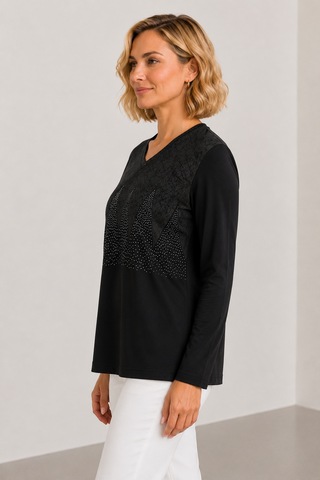Bihan Store Kadın V Yaka Taş Detaylı Uzun Kollu Bluz Y26-1085 Siyah