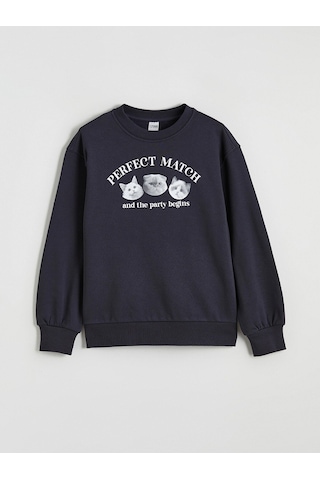 LC Waikiki Lcw Kids Lacivert Bisiklet Yaka Baskılı Kız Çocuk Kalın Sweatshirt Dark Navy