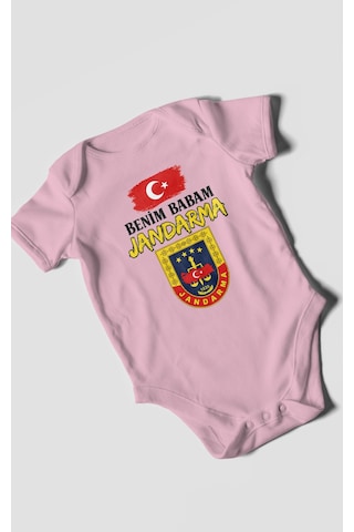 Morivokids Benim Babam Jandarma Kısa Kollu Bebek Body %100 Pamuk Koyu Pembe