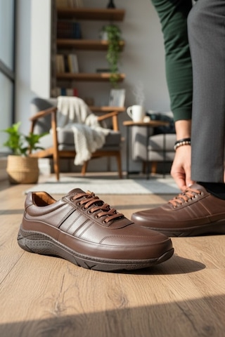 Enoch Hakiki Deri Kahverengi Dikiş Detaylı Erkek Sneaker Ayakkabı Ortopedik Taban Kahverengi