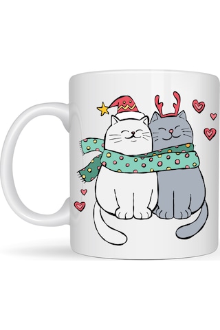 Sevimli Kedi Figürlü Yılbaşı Temalı Porselen Kupa Model 75 Aşık Kediler Desenli, Sıcacık Tasarım, Kahve & Çay Kupası Diğer