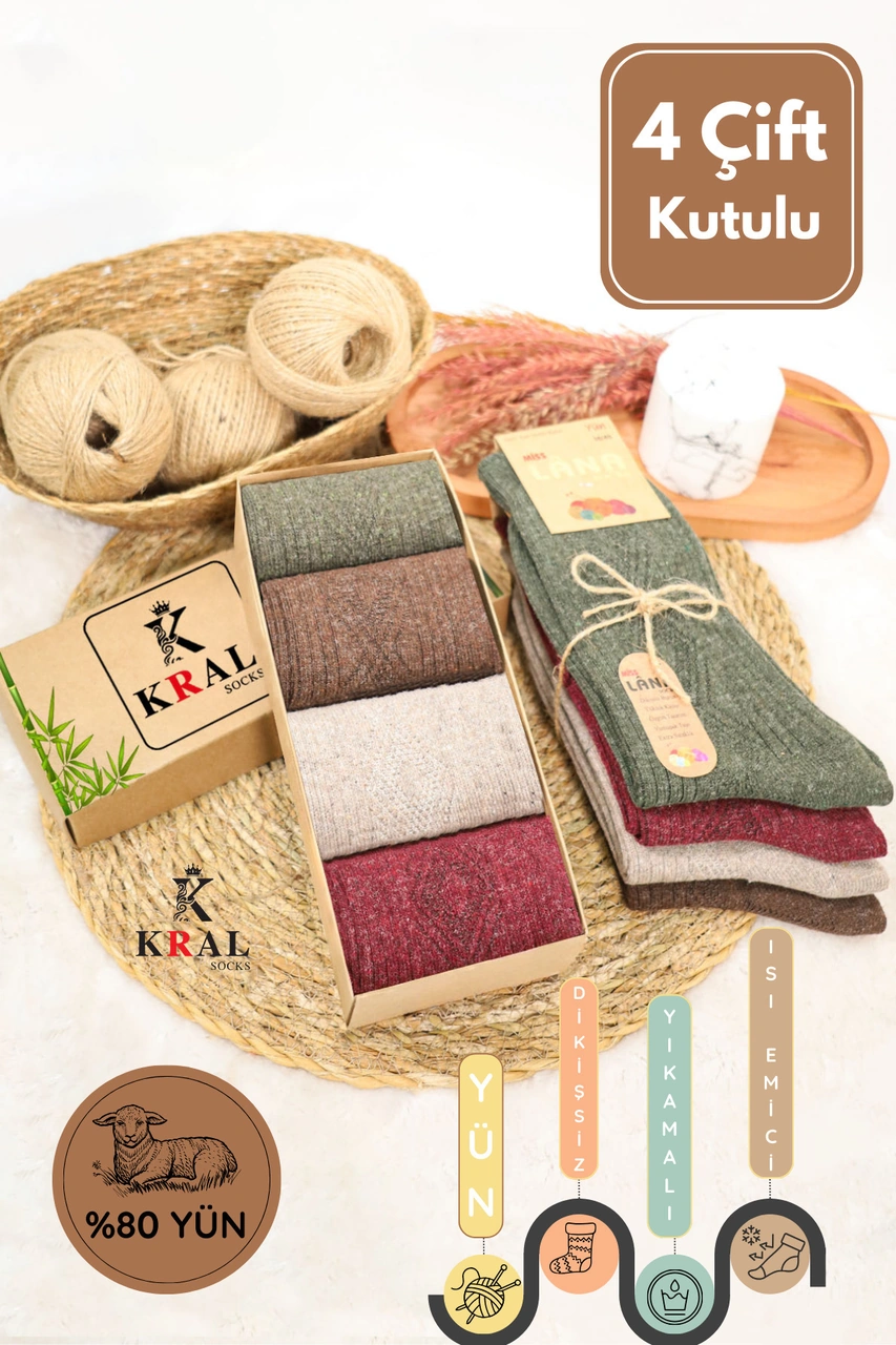 Miss Lana Ladies Socks Kışlık 4 Çift Lambswool Kadınlar Için Termal Kutulu Dikişsiz Yün Çorap ASORTİ