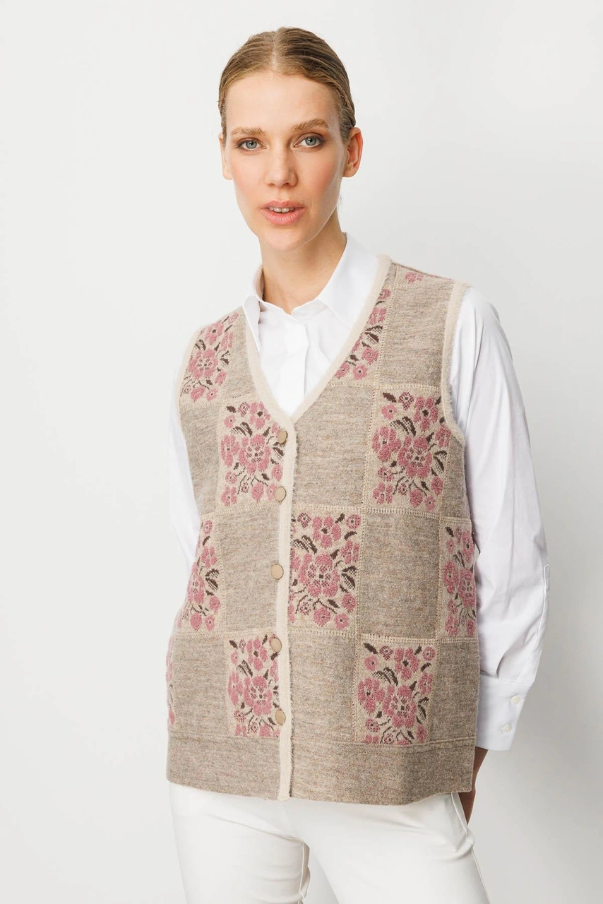 Desen Triko Kadın Pıtırcık Çiçekli Patchwork Keçe Yün Yelek Bej Y.g..kurusu Bej Y.g..kurusu