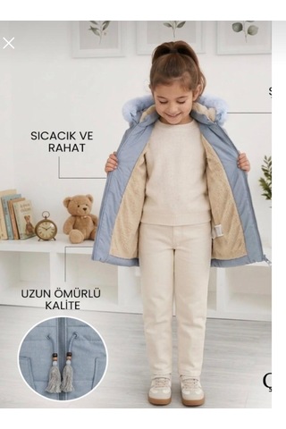 Kız Çocuk Şişme Mont Kaban Kürklü Çıkarılabilir Kapüşonlu Fermuarlı Açık Mavi