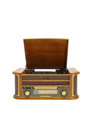 Nostaljik Ahşap Kasa Pikap Kaset Cd Çalar Bluetoothlu Kumandalı Radyo Mp3 Usb 33-45-78 Lik Plakla Kahverengi