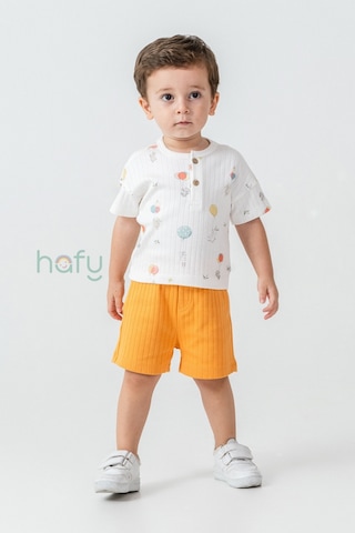Hafy Baby Henley Yaka, Balon Desenli, Erkek Bebek / Çocuk Şortlu Takım Ekru - Hardal Hafy Baby Henley Yaka, Balon Desenli, Erkek Bebek / Çocuk Şortlu Takım Ekru - Hardal