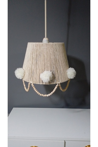 Makrome İp Sargılı Avize Abajur Set Çocuk Odası Avize Bebek Odası Avize Ponpon Boncuk Ekru