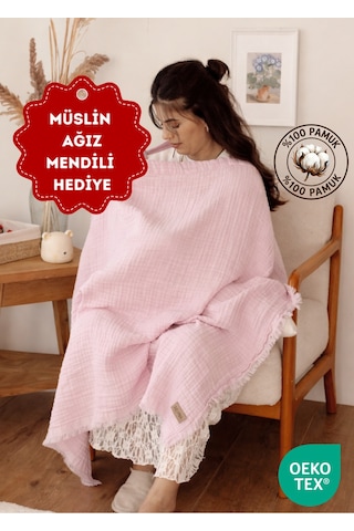 Zeypba 4 Katlı Müslin Emzirme Örtüsü & Müslin Puset Örtüsü Müslin Örtü Püsküllü Pudra