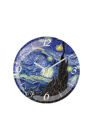 Van Gogh Un Yıldızlı Gece Sessiz Bombeli Gerçek Cam Duvar Saati Çok Renkli