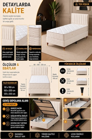 Beehanem Ezgi Krem 120x200 En Geniş Tek Kişilik Premium Baza Başlık Takımı 2'li Set 120 x 200