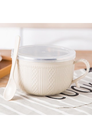 Kapaklı Erişte Kasesi Erişte Pirinç Çorbası Karikatür Çift Yalıtımlı Kase Mutfak Aletleri Ave Bej