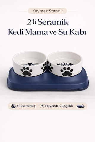 Premium Yükseltilmiş İkili Seramik Kedi Mama Ve Su Kabı