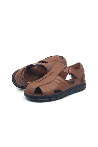 Taşpınar %100 Hakiki Deri Ortopedik Erkek Yazlık Rahat Terlik Sandalet 40-45 Taba