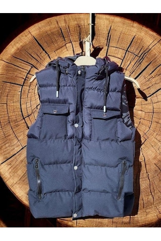 Çocuk Kapüşonlu Cep Detaylı Şişme Kalın Yelek-15008 Lacivert